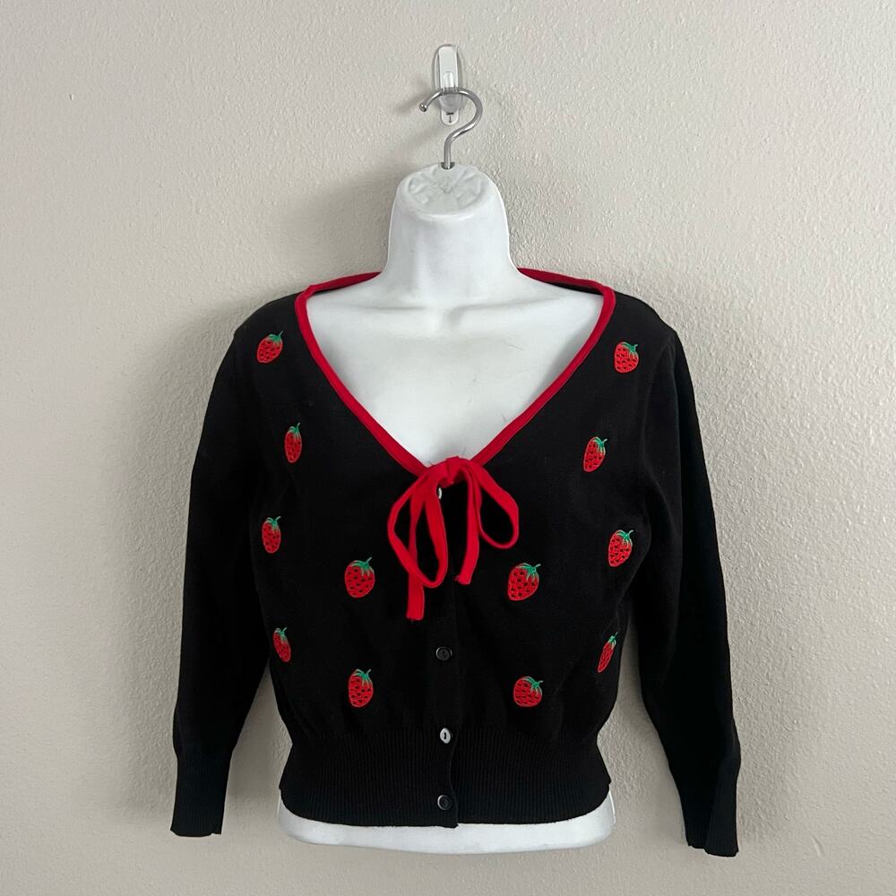 Unique Vintage Pin Up Tie Neck Strawberry Embroidered Cardigan Cottagecore Sz M